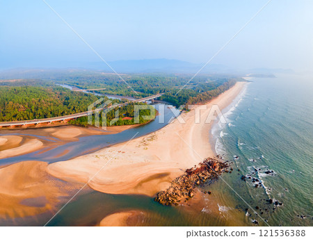Galgibaga Beach aerial panoramic view in Goa, India 121536388