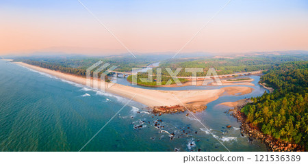 Galgibaga Beach aerial panoramic view in Goa, India Galgibaga Beach aerial panoramic view in Goa, India 121536389