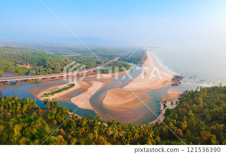Galgibaga Beach aerial panoramic view in Goa, India Galgibaga Beach aerial panoramic view in Goa, India 121536390