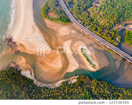 Galgibaga Beach aerial panoramic view in Goa, India 121536393