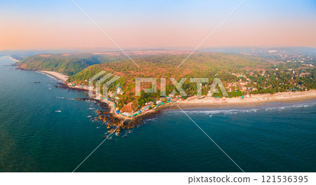 Arambol Beach aerial panoramic view in Goa, India 121536395