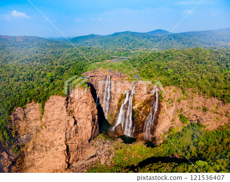 Jog Falls aerial panoramic view in Karnataka state, India Jog Falls aerial panoramic view in Karnataka state, India 121536407