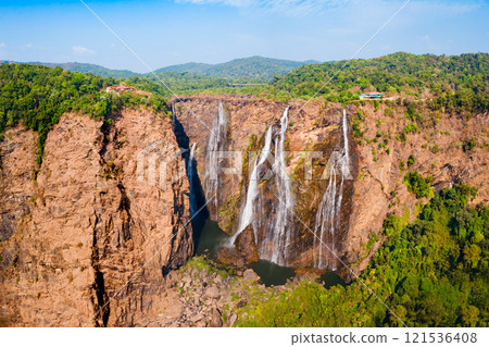 Jog Falls aerial panoramic view in Karnataka state, India Jog Falls aerial panoramic view in Karnataka state, India 121536408