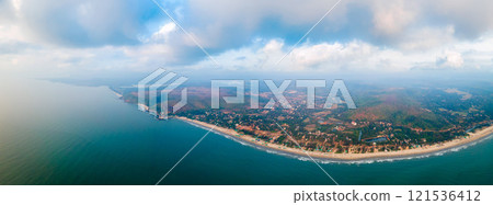 Arambol Beach aerial panoramic view in Goa, India 121536412