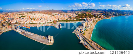 Malaga city port aerial panoramic view in Andalusia 121536443