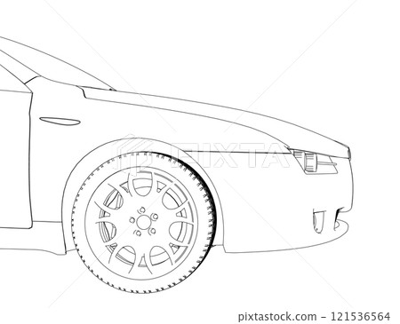 The contour of the front of the car from black lines isolated on a white background. Side view. 3D. Vector illustration. 121536564