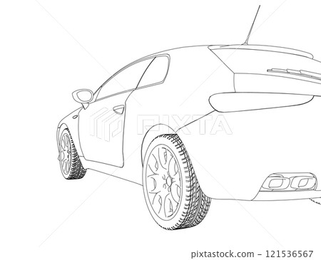 The contour of the back of the car from black lines isolated on a white background. Back view. 3D. Vector illustration. 121536567