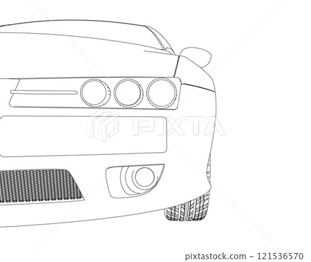 The contour of the front of the car from black lines isolated on a white background. Front view. 3D. Vector illustration. 121536570