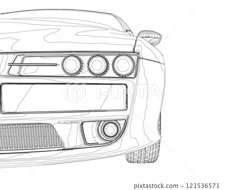 The contour of the front of the car from black lines isolated on a white background. Front view. 3D. Vector illustration. The contour of the front of the car from black lines isolated on a white background. Front view. 3D. Vector illustration. 121536571