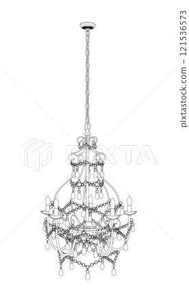 Outline of a vintage chandelier from black lines isolated on a white background. Front view. 3D. Vector illustration. 121536573