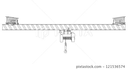Outline of a mobile crane from black lines isolated on a white background. Front view. 3D. Vector illustration. 121536574