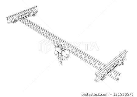 Outline of a mobile crane from black lines isolated on a white background. Isometric view. 3D. Vector illustration. 121536575