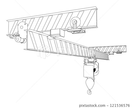 Outline of a mobile crane from black lines isolated on a white background. Perspective view. 3D. Vector illustration. Outline of a mobile crane from black lines isolated on a white background. Perspective view. 3D. Vector illustration. 121536576