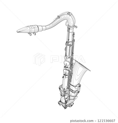 Saxophone outline from black lines isolated on white background. Perspective view. 3D. Vector illustration. 121536607