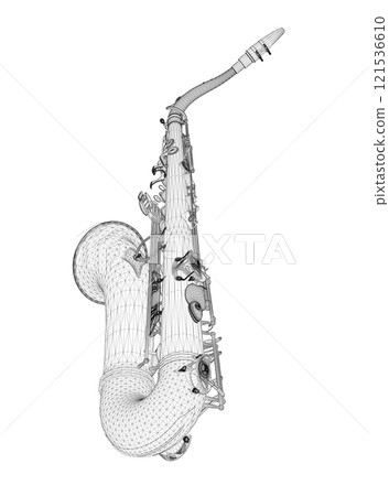 Saxophone wireframe from black lines isolated on white background. Perspective view. 3D. Vector illustration. Saxophone wireframe from black lines isolated on white background. Perspective view. 3D. Vector illustration. 121536610