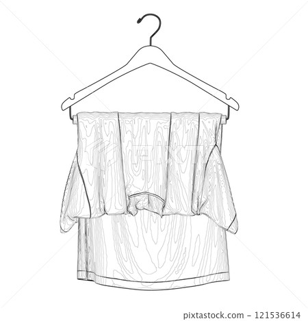 Outline of a T-shirt hanging on a hanger from black lines isolated on a white background. Front view. Vector illustration. 121536614