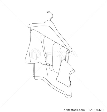 Outline of a T-shirt hanging on a hanger from black lines isolated on a white background. Isometric view. 3D. Vector illustration. 121536616