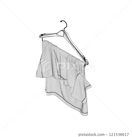 Wireframe of a T-shirt hanging on a hanger from black lines isolated on a white background. Isometric view. 3D. Vector illustration. Wireframe of a T-shirt hanging on a hanger from black lines isolated on a white background. Isometric view. 3D. Vector illustration. 121536617