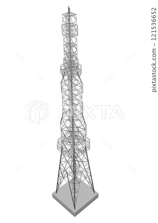 Polygonal model of a high communication tower isolated on a white background. Isometric view. 3D. Vector illustration. Polygonal model of a high communication tower isolated on a white background. Isometric view. 3D. Vector illustration. 121536652