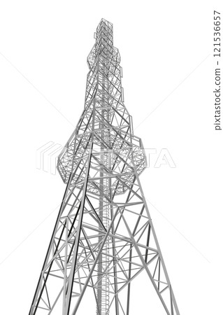 Polygonal model of a high communication tower isolated on a white background. Bottom view. 3D. Vector illustration. Polygonal model of a high communication tower isolated on a white background. Bottom view. 3D. Vector illustration. 121536657