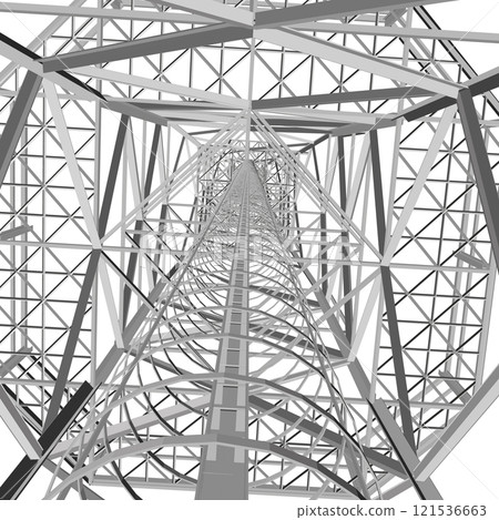 Polygonal model of a high communication tower isolated on a white background. View from below inside the tower. 3D. Vector illustration. 121536663
