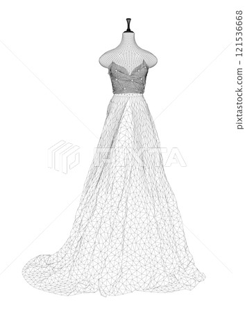 Wireframe of a wedding dress on a mannequin from black lines isolated on a white background. Front view. 3D. Vector illustration. 121536668