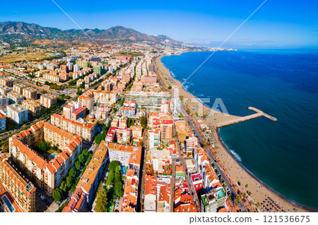 Fuengirola city beach and port aerial panoramic view 121536675