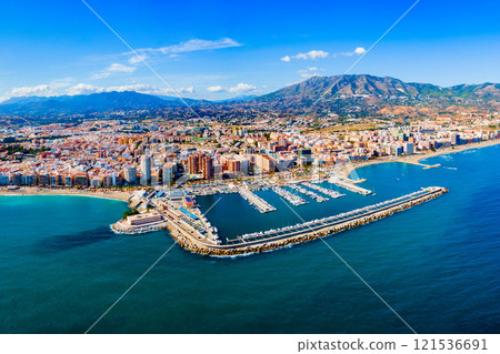 Fuengirola city beach and port aerial panoramic view Fuengirola city beach and port aerial panoramic view 121536691