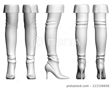 Set with polygonal models of women's high boots with high heels isolated on a white background. Front, side, back view. 3D. Vector illustration. 121536698