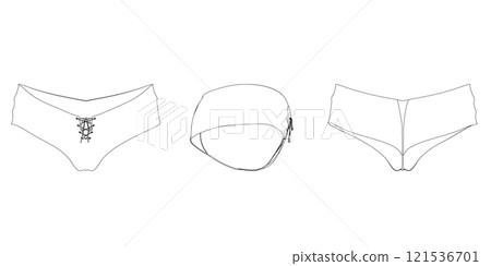 Set with outline of women's panties from black lines isolated on white background. Front, side, back view. Vector illustration. Set with outline of women's panties from black lines isolated on white background. Front, side, back view. Vector illustration. 121536701