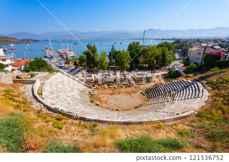 Fethiye ancient theatre aerial panoramic view in Turkey 121536752