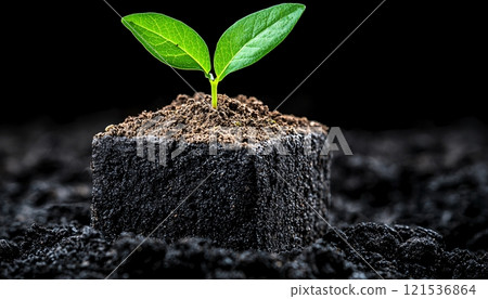 Fresh Green Seedling Growing in Dark Soil 121536864