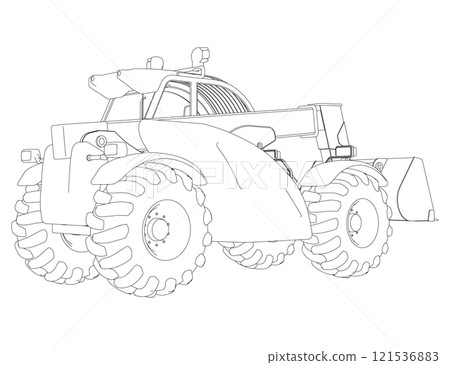 Excavator outline from black lines isolated on white background. Detailed tractor. Back view. 3D. Vector illustration. Excavator outline from black lines isolated on white background. Detailed tractor. Back view. 3D. Vector illustration. 121536883