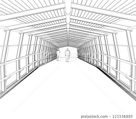 Outline of a footbridge with a roof and people walking from black lines isolated on a white background. Vector illustration. Outline of a footbridge with a roof and people walking from black lines isolated on a white background. Vector illustration. 121536885