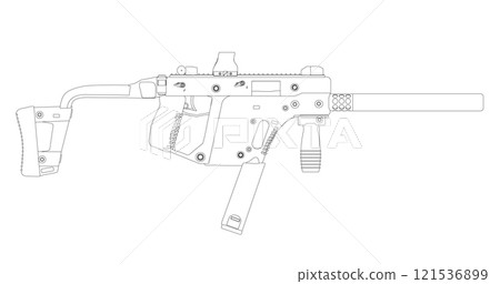 Outline of a military machine gun from black lines isolated on a white background. Side view. Vector illustration. Outline of a military machine gun from black lines isolated on a white background. Side view. Vector illustration. 121536899