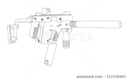 Outline of a military machine gun from black lines isolated on a white background. Perspective view. Vector illustration. Outline of a military machine gun from black lines isolated on a white background. Perspective view. Vector illustration. 121536901
