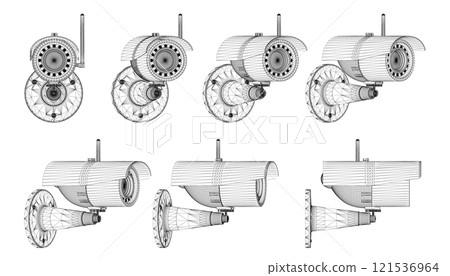 Set with cctv camera wireframe in different positions from black lines isolated on white background. The front view rotates to the right. Vector illustration. Set with cctv camera wireframe in different positions from black lines isolated on white background. The front view rotates to the right. Vector illustration. 121536964