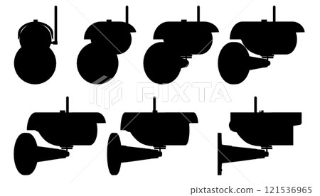 Set with silhouettes of surveillance cameras in different positions from black lines isolated on a white background. The front view rotates to the right. Vector illustration. Set with silhouettes of surveillance cameras in different positions from black lines isolated on a white background. The front view rotates to the right. Vector illustration. 121536965