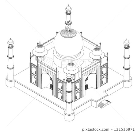 Outline of the Taj Mahal temple from black lines isolated on a white background. Isometric view. Vector illustration. Outline of the Taj Mahal temple from black lines isolated on a white background. Isometric view. Vector illustration. 121536971