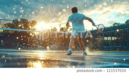 Tennis sport close up with free copy space. Competition outdoor with racket and ball Tennis sport close up with free copy space. Competition outdoor with racket and ball 121537010