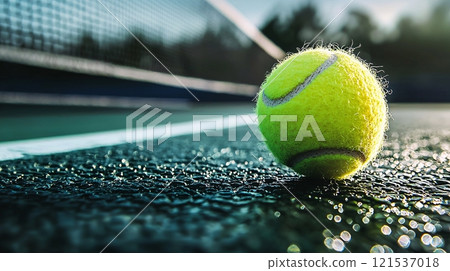 Tennis sport close up with free copy space. Competition outdoor with racket and ball 121537018