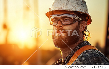 Electrician portrait. Man wearing helmet and eyeglasses with electric suite 121537032