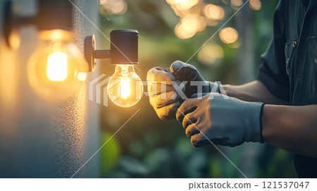 Electrician work, installing and repairing light and light socket in the house 121537047