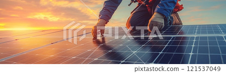 Electrician installing solar panels on top of the roof. Green energy and renewable concept 121537049