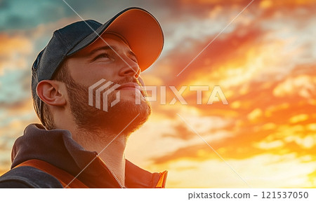 Electrician portrait. Man wearing helmet and eyeglasses with electric suite 121537050