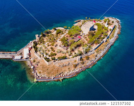 Pigeon Island aerial panoramic view in Kusadasi city, Turkey Pigeon Island aerial panoramic view in Kusadasi city, Turkey 121537102