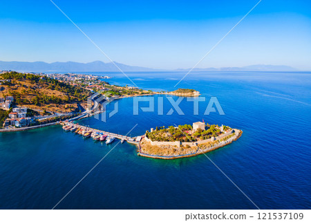 Pigeon Island aerial panoramic view in Kusadasi city, Turkey Pigeon Island aerial panoramic view in Kusadasi city, Turkey 121537109