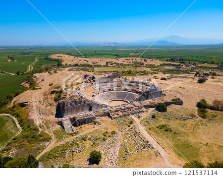 Miletus Archaeological Site aerial panoramic view near Didim city in Turkey 121537114