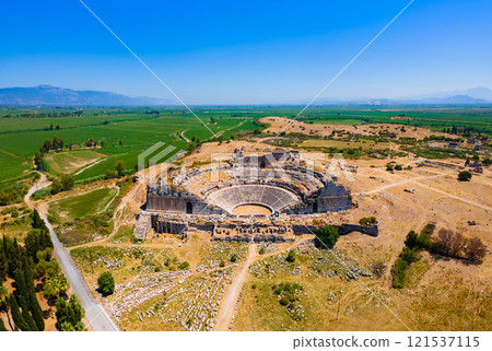 Miletus Archaeological Site aerial panoramic view near Didim city in Turkey 121537115