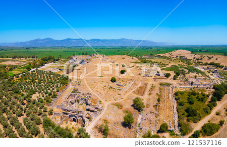 Miletus Archaeological Site aerial panoramic view near Didim city in Turkey 121537116